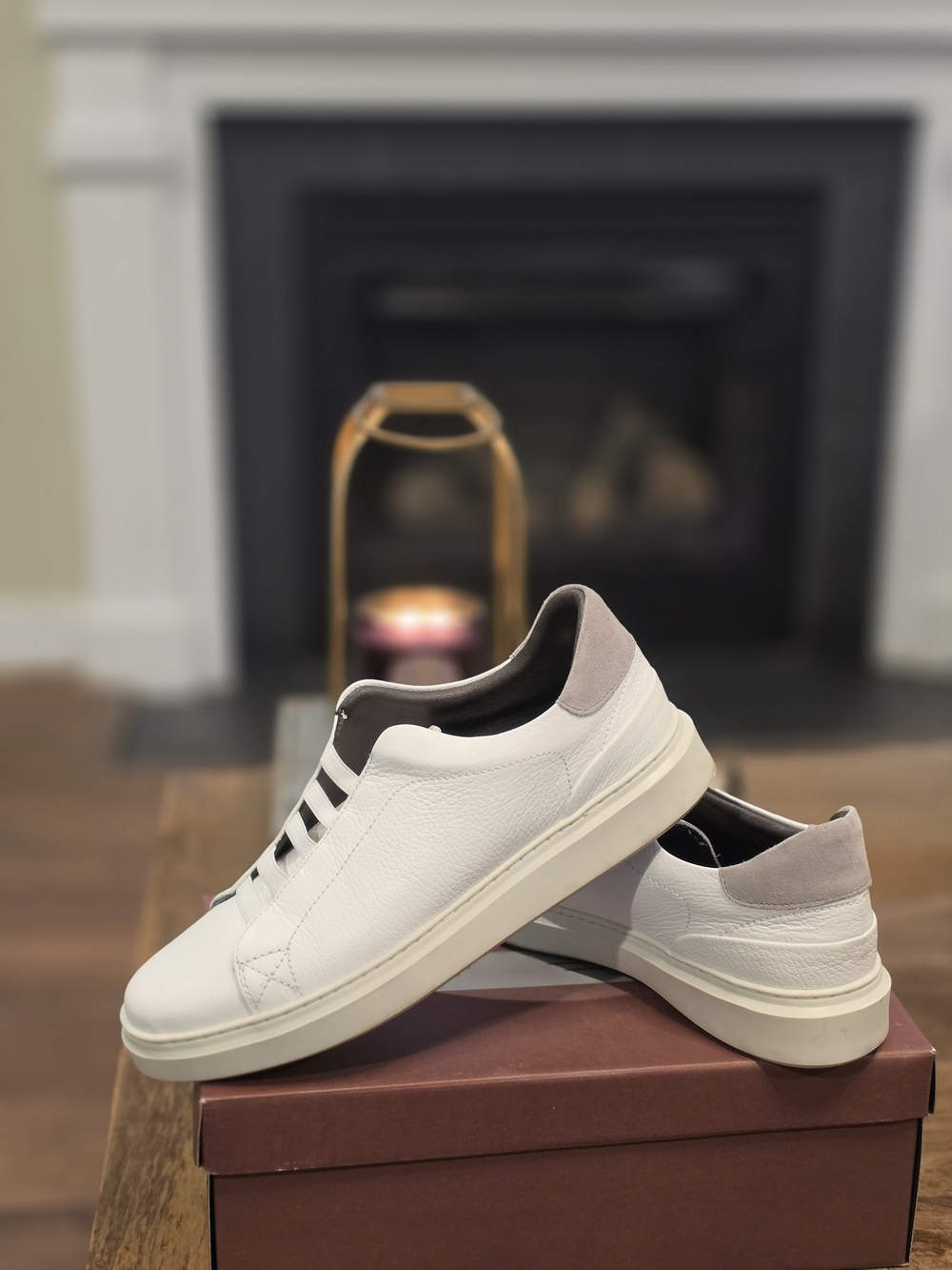 Bruno Magli Men's Salvador White Tumbled Leather Sneakers with Light Gray Heel